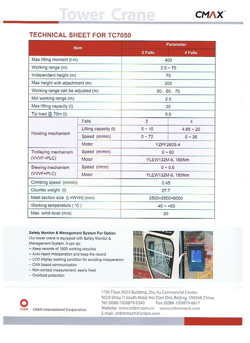 Manufacturer technical sheet for the CMAX TC7050 tower crane, including the parameter table and the optional safety monitor and management system.